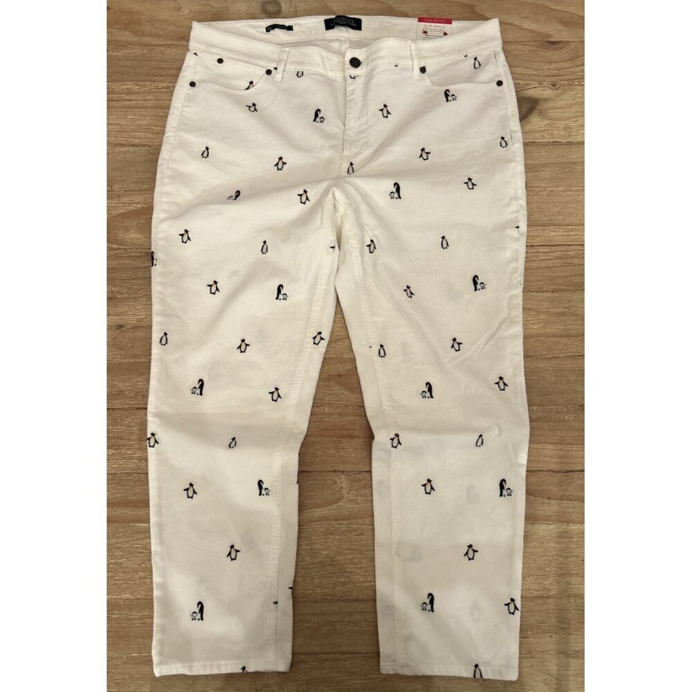 NEW Talbots Flawless Slim Ankle Corduroys Embroidered Penguin 16P 36x26 Ivory
